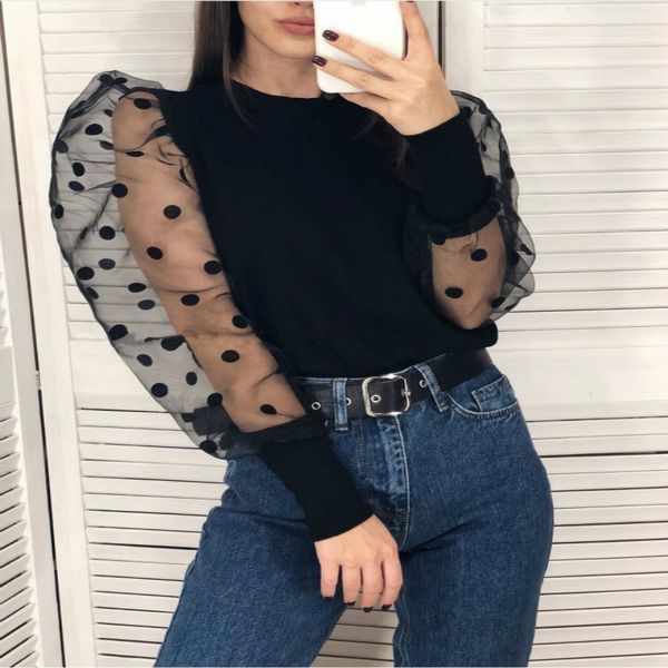 new design women's gauze dotted puff long sleeve patchwork knitted bodycon slim waist shirt knitwear, White
new design women's gauze dotted puff long sleeve patchwork knitted bodycon slim waist shirt knitwear, White