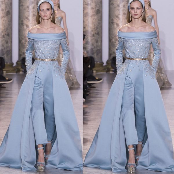 light blue jumpsuit prom dresses satin off shoulder long sleeve evening dresses with detachable sequins appliqued party gowns, Black
light blue jumpsuit prom dresses satin off shoulder long sleeve evening dresses with detachable sequins appliqued party gowns, Black