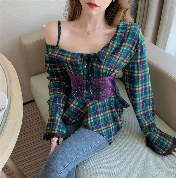 new korean version of autumn dress with shoulder straps shirt, bell sleeve jacket, irregular checked long sleeve shirt for women, White
new korean version of autumn dress with shoulder straps shirt, bell sleeve jacket, irregular checked long sleeve shirt for women, White