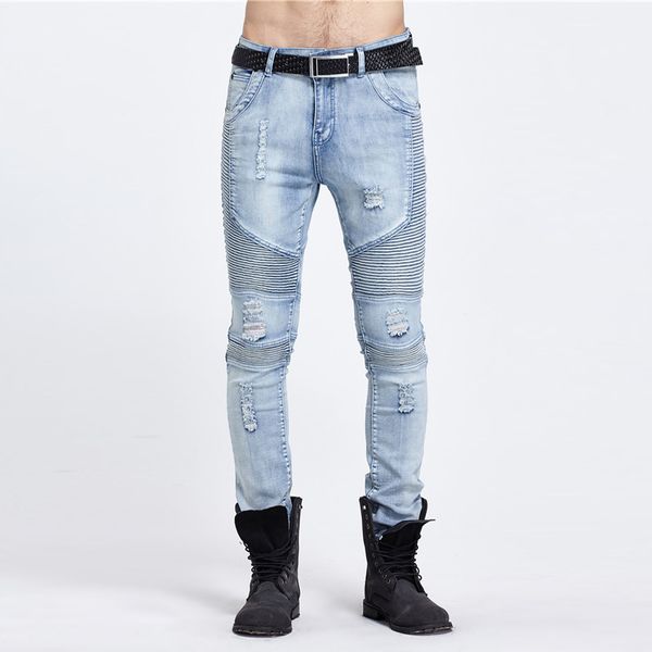 fashion male biker jeans destroyed denim pant fabric elastic slim fit washed denim skinny pants suit for men joggers, Blue
fashion male biker jeans destroyed denim pant fabric elastic slim fit washed denim skinny pants suit for men joggers, Blue