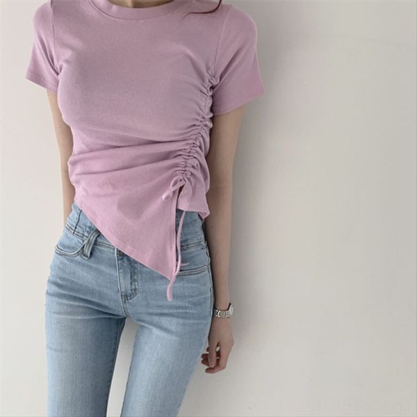2020 candy-colored short-sleeved pleated slim women's t-shirt solid color round candy candy collar irregular hem colorful, White
2020 candy-colored short-sleeved pleated slim women's t-shirt solid color round candy candy collar irregular hem colorful, White