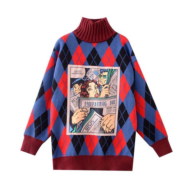 perhaps u women sweater knitted pullovers red blue argyle loose winter turtle neck character cartoon print m0216, White;black
perhaps u women sweater knitted pullovers red blue argyle loose winter turtle neck character cartoon print m0216, White;black