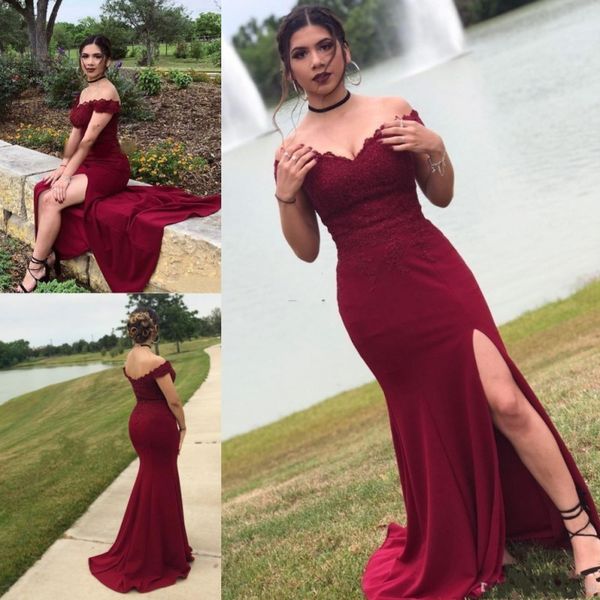 burgundy lace mermaid bridesmaid dresses off the shoulder appliqued country maid of honor gowns floor length side split wedding guest dress, White;pink 
burgundy lace mermaid bridesmaid dresses off the shoulder appliqued country maid of honor gowns floor length side split wedding guest dress, White;pink