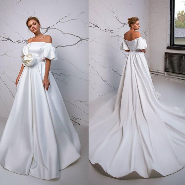 simple a line wedding dresses off shoulder short sleeves handmade flowers satin bridal gowns court train wedding dress vestidos, White
simple a line wedding dresses off shoulder short sleeves handmade flowers satin bridal gowns court train wedding dress vestidos, White