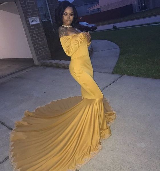 new yellow 2019 mermaid prom dresses off shoulder black girls long sleeves simple court train special occasion dress evening gowns
new yellow 2019 mermaid prom dresses off shoulder black girls long sleeves simple court train special occasion dress evening gowns