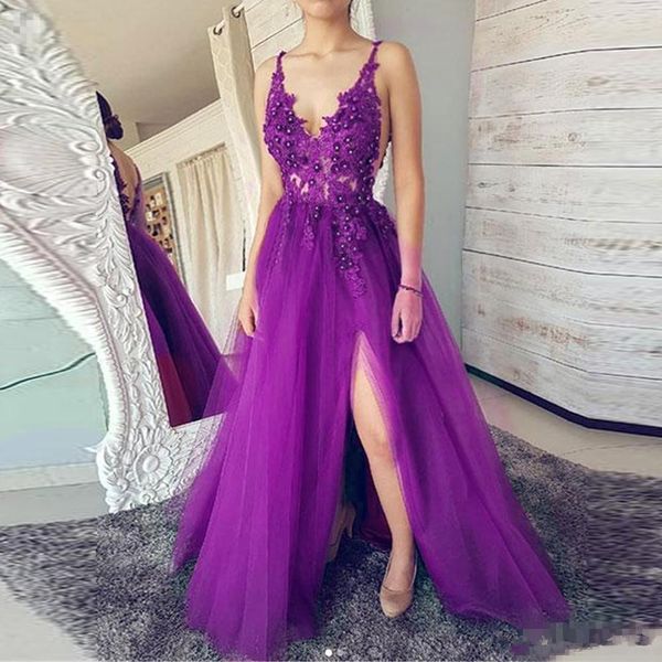 wonderful purple tulle prom dress 2019 new high slit spaghetti strap a line backless illusion lace plus size formal party evening gowns, Black;red
wonderful purple tulle prom dress 2019 new high slit spaghetti strap a line backless illusion lace plus size formal party evening gowns, Black;red