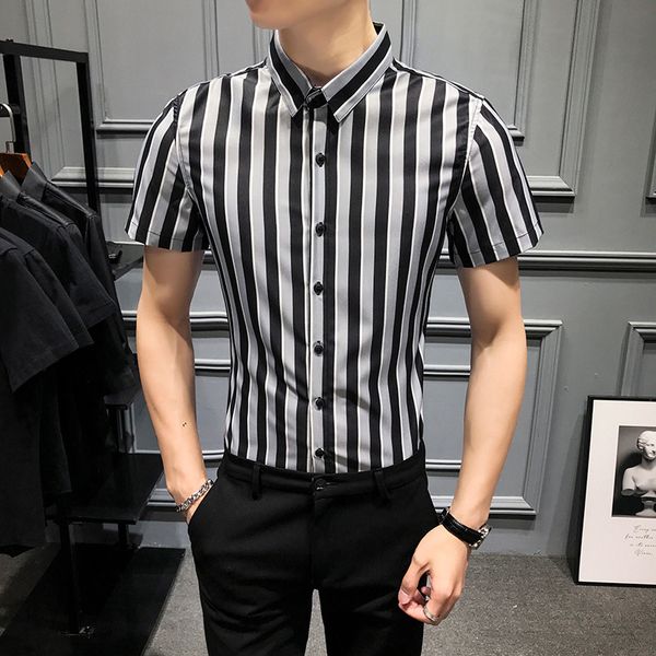 men's casual shirts shirt short sleeve striped slim dress 2021 summer streetwear socia chemise homme, White;black
men's casual shirts shirt short sleeve striped slim dress 2021 summer streetwear socia chemise homme, White;black