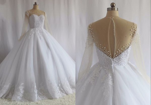 luxurious pearls african wedding gowns illusiong long sleeves hollow back applique organza country bridal dresses, White
luxurious pearls african wedding gowns illusiong long sleeves hollow back applique organza country bridal dresses, White