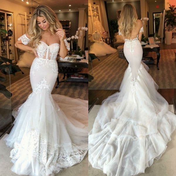 elegant berta mermaid lace backless wedding dresses sweetheart neck appliqued bridal gowns sweep train plus size tulle vestido de novia, White
elegant berta mermaid lace backless wedding dresses sweetheart neck appliqued bridal gowns sweep train plus size tulle vestido de novia, White