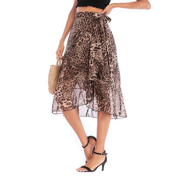 skirts chiffon leopard print irregular slimming hip skirt female women summer knee length dress, Black