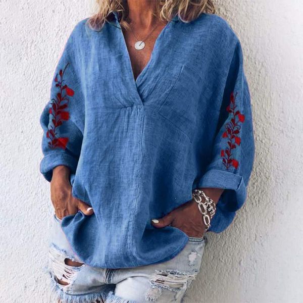 women v neck blouse casual cotton linen femme work shirt chemise mujer floral embroidery long sleeve robe, White
women v neck blouse casual cotton linen femme work shirt chemise mujer floral embroidery long sleeve robe, White