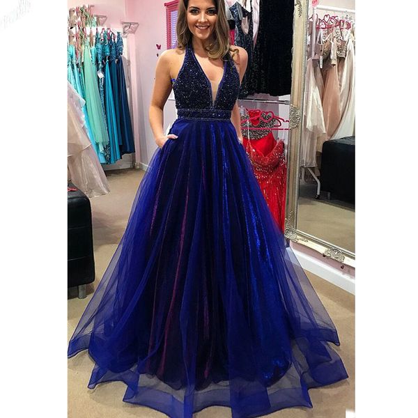charming sparkly royal blue prom dresses with beading a line v neck tulle long formal elegant evening party dresses, Black
charming sparkly royal blue prom dresses with beading a line v neck tulle long formal elegant evening party dresses, Black