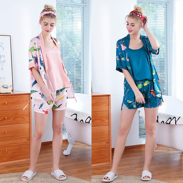 simulation silk pajamas for ladies spring and summer sling shorts robe three-piece set home service suit pijama, Blue;gray
simulation silk pajamas for ladies spring and summer sling shorts robe three-piece set home service suit pijama, Blue;gray
