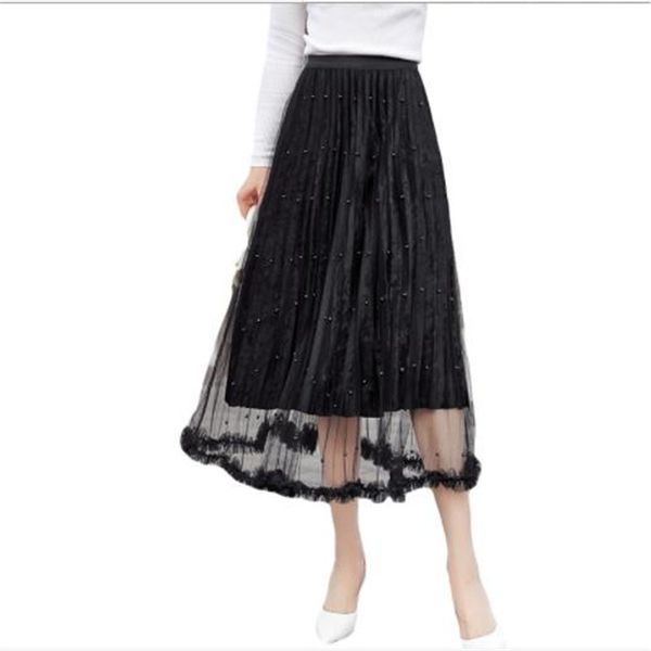 fashion women mesh skirt spring summer 2020 high elastic waist skirt pearls female pleuche long tull office lady h360, Black
fashion women mesh skirt spring summer 2020 high elastic waist skirt pearls female pleuche long tull office lady h360, Black