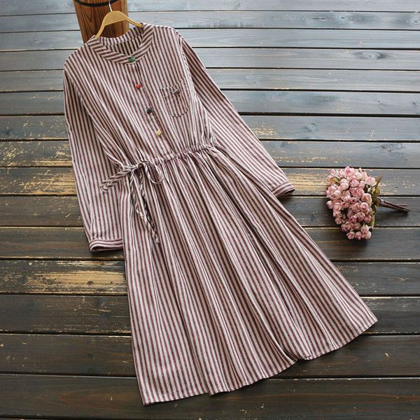 casual dresses women dress striped cotton linen 2021 spring long sleeve draw waist thin mori girl fashion robe, Black;gray
casual dresses women dress striped cotton linen 2021 spring long sleeve draw waist thin mori girl fashion robe, Black;gray