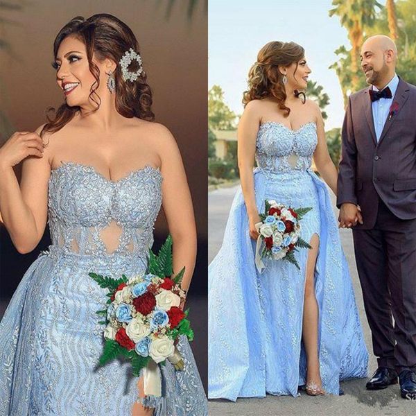 2020 sky blue prom dresses plus size lace overskirt side split celebrity dress sweetheart robes de mariée custom made evening gowns, Black
2020 sky blue prom dresses plus size lace overskirt side split celebrity dress sweetheart robes de mariée custom made evening gowns, Black