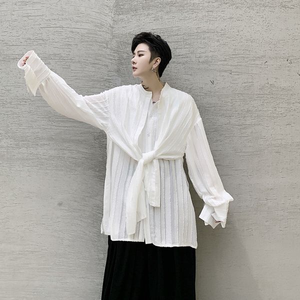 male japan streetstyle retro fashion loose shirt men 2 pieces splice casual long sleeve stripe thin shirt stage clothing, White;black 
male japan streetstyle retro fashion loose shirt men 2 pieces splice casual long sleeve stripe thin shirt stage clothing, White;black