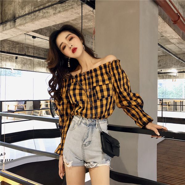 autumn korea women's clothing 2018 fashion button slash neck shoulder flare long sleeve thin loose vintage plaid blouse shirts, White
autumn korea women's clothing 2018 fashion button slash neck shoulder flare long sleeve thin loose vintage plaid blouse shirts, White