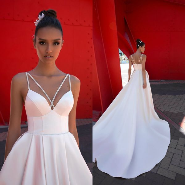 2020 simple wedding dress a-line satin spaghetti strap beaded ruched court train bridal dress sleeveless custom made robes de mariée, White
2020 simple wedding dress a-line satin spaghetti strap beaded ruched court train bridal dress sleeveless custom made robes de mariée, White