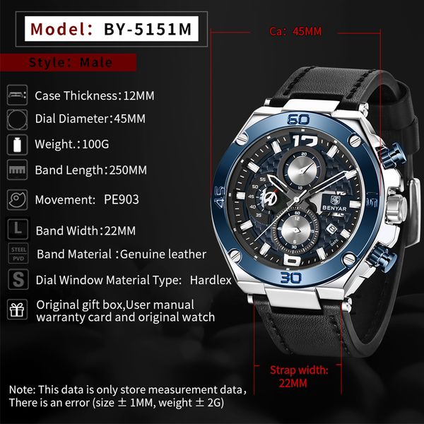 benyar luxury brand watch men analog chronograph quartz wrist watch leather band wristwatch auto date3115, Slivery;brown
benyar luxury brand watch men analog chronograph quartz wrist watch leather band wristwatch auto date3115, Slivery;brown