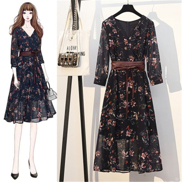 2020 summer new floral print long sleeve midi dress elegant women v collar collocation belt slim evening party dress plus size, Black;gray
2020 summer new floral print long sleeve midi dress elegant women v collar collocation belt slim evening party dress plus size, Black;gray