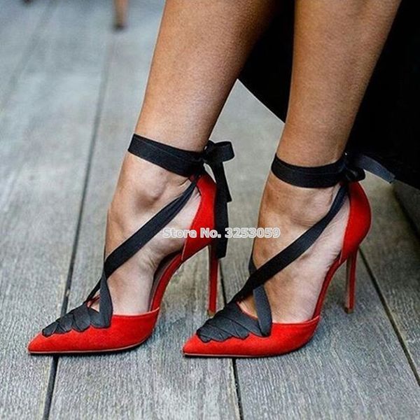 

almudena women red suede black ribbon lace-up wedding shoes stiletto heel pointed toe cross strappy dress pumps mixed color pump