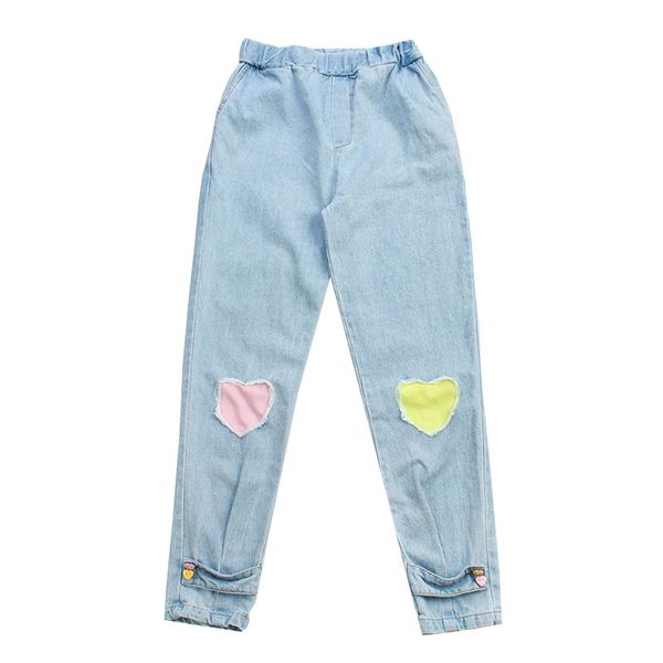 women summer thin denim pants jeans full length heart-shaped patch ripped hole button mid-waist femme denim trousers, Blue
women summer thin denim pants jeans full length heart-shaped patch ripped hole button mid-waist femme denim trousers, Blue