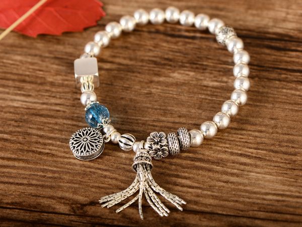 s925 sterling silver round bead single ring bracelet silver tassel cube flower bracelet female, Black
s925 sterling silver round bead single ring bracelet silver tassel cube flower bracelet female, Black