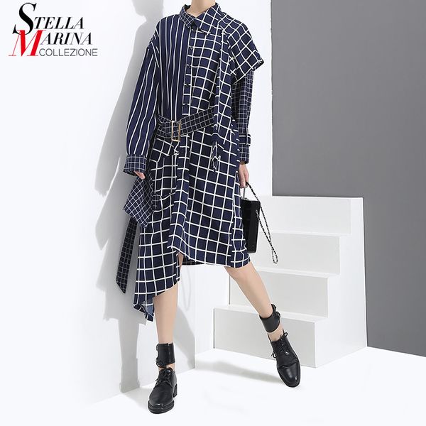 new 2020 korean style autumn women blue asymmetrical plaid shirt dress & sashes long sleeve ladies stylish party dress robe 3209, Black;gray
new 2020 korean style autumn women blue asymmetrical plaid shirt dress & sashes long sleeve ladies stylish party dress robe 3209, Black;gray