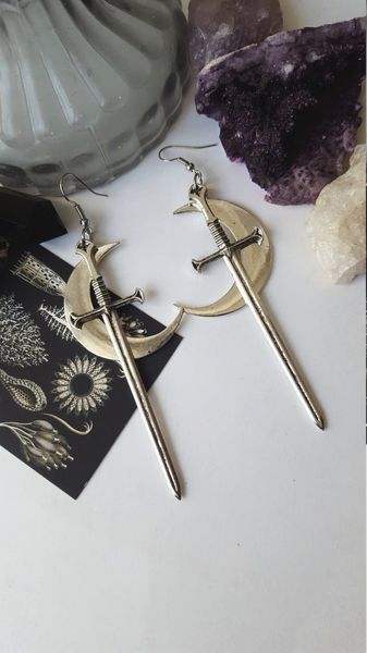 swords moon earrings witchy warrior pagan viking alternative goth celtic gothic medieval silver classic warrior gift women 2019