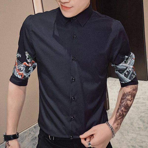 men's casual shirts brand summer slim fit social shirt men clothes fashion print mens dress half sleeve streetwear high quality, White;black
men's casual shirts brand summer slim fit social shirt men clothes fashion print mens dress half sleeve streetwear high quality, White;black
