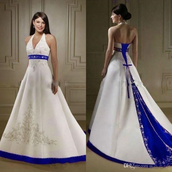Vintage Royal Blue and White Wedding Dress Sweep Train Neckline A-Line Beaded Embroidery Design Satin Bridal Gowns Sleeveless Plus Size
Vintage Royal Blue and White Wedding Dress Sweep Train Neckline A-Line Beaded Embroidery Design Satin Bridal Gowns Sleeveless Plus Size