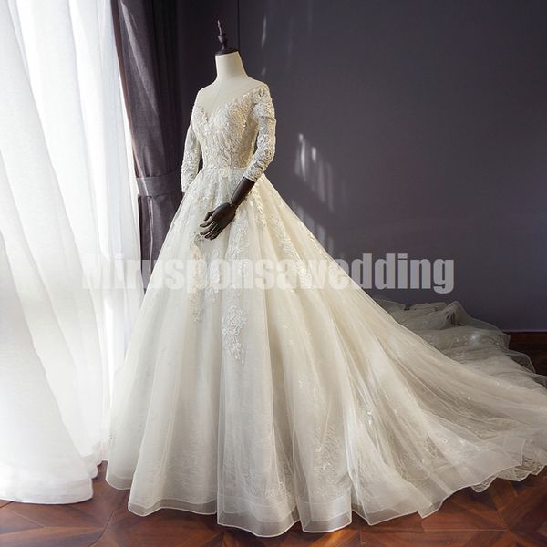 elegant lace wedding gowns a-line boat neck wedding dress with court train lace appliques 3/4 long sleeved wedding dresses online, White
elegant lace wedding gowns a-line boat neck wedding dress with court train lace appliques 3/4 long sleeved wedding dresses online, White