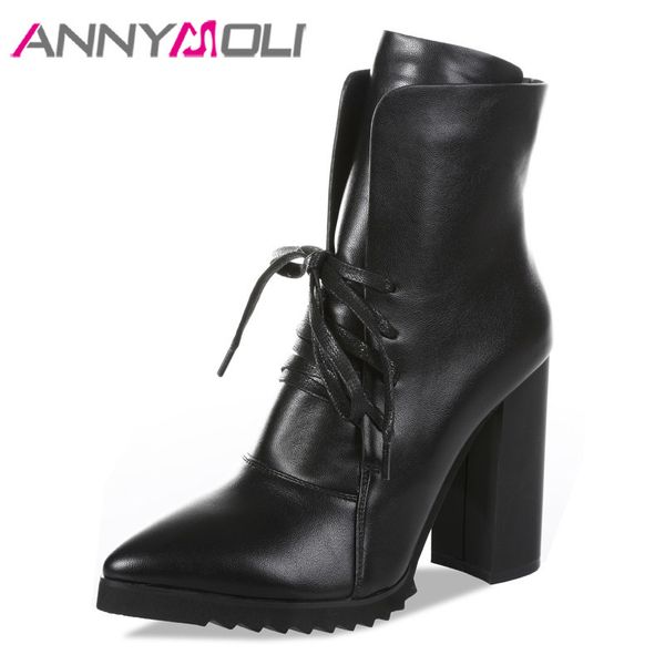 annymoli women boots winter ankle boots lace up thick high heels short pu leather pointed toe shoes lady autumn size 34-39, Black
annymoli women boots winter ankle boots lace up thick high heels short pu leather pointed toe shoes lady autumn size 34-39, Black