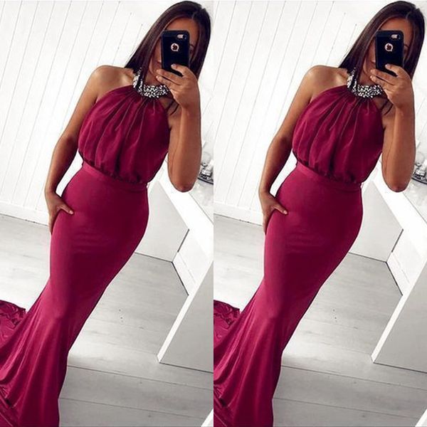 halter backless prom dress elastic satin floor length sleeveless ruched special occasion dresses with beads, Black
halter backless prom dress elastic satin floor length sleeveless ruched special occasion dresses with beads, Black