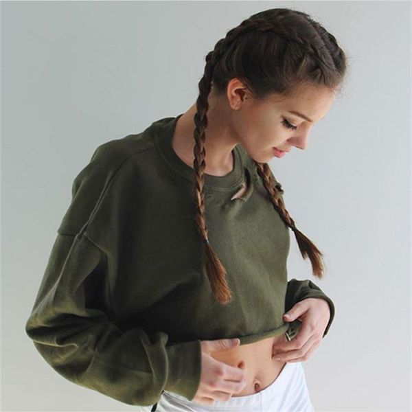 spring new women's long sleeve short up-navel holes ripped pullover sweatshirt hoodies army green, Black
spring new women's long sleeve short up-navel holes ripped pullover sweatshirt hoodies army green, Black