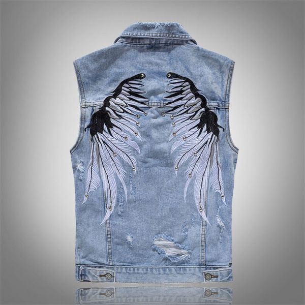 new men's ripped denim vests with wings embroidery hi street distressed denim sleeveless jacket waistcoat plus size m-5xl, Black;white 
new men's ripped denim vests with wings embroidery hi street distressed denim sleeveless jacket waistcoat plus size m-5xl, Black;white