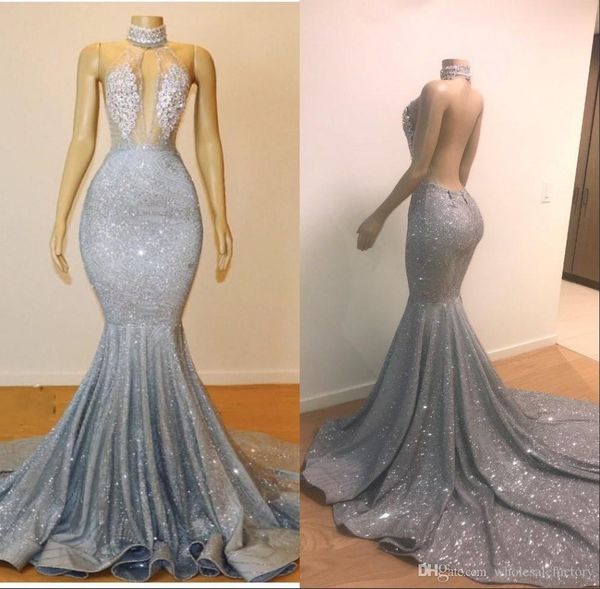 sheer halter sequins prom dresses mermaid tulle beaded lace applique sweep train backless long party evening dresses robe de mariee, Black
sheer halter sequins prom dresses mermaid tulle beaded lace applique sweep train backless long party evening dresses robe de mariee, Black