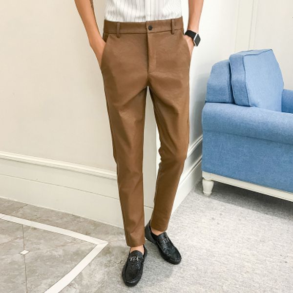 male 2019 autumn new korean version of the trend of self-cultivation feet trousers khaki straight men's leather pants tide, Black