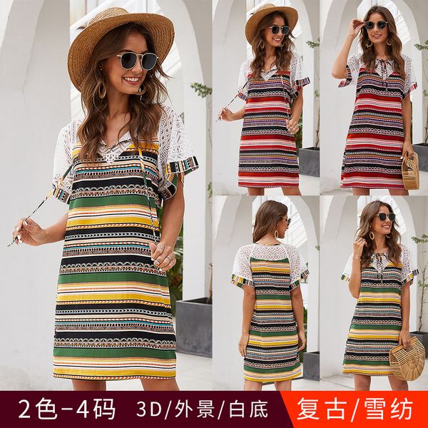 models in europe and america stitching striped short-sleeved dress hollow women's spot, White;black
models in europe and america stitching striped short-sleeved dress hollow women's spot, White;black