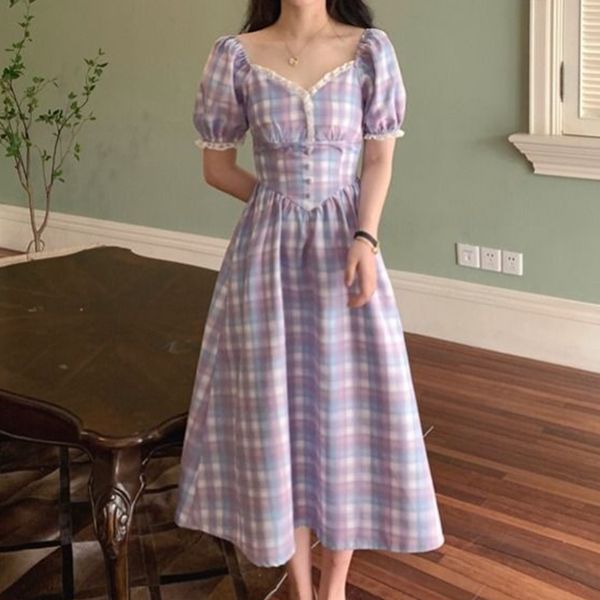 casual dresses korean vintage dress women puff sleeve french retro party long fairy v-neck elegant lady plaid clothes 2021, Black;gray 
casual dresses korean vintage dress women puff sleeve french retro party long fairy v-neck elegant lady plaid clothes 2021, Black;gray