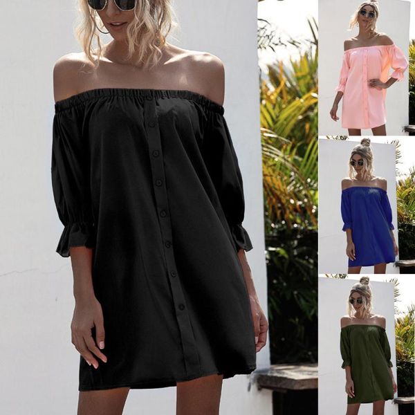 women's summer off shoulder 3/4 sleeve solid single-breasted casual loose dress, Black;gray
women's summer off shoulder 3/4 sleeve solid single-breasted casual loose dress, Black;gray