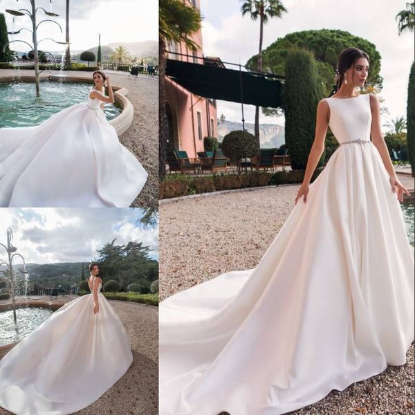 2020 elegant satin wedding gowns bateau neck long train ruched crystal sash backless a line simple bridal wedding dress custom made, White
2020 elegant satin wedding gowns bateau neck long train ruched crystal sash backless a line simple bridal wedding dress custom made, White