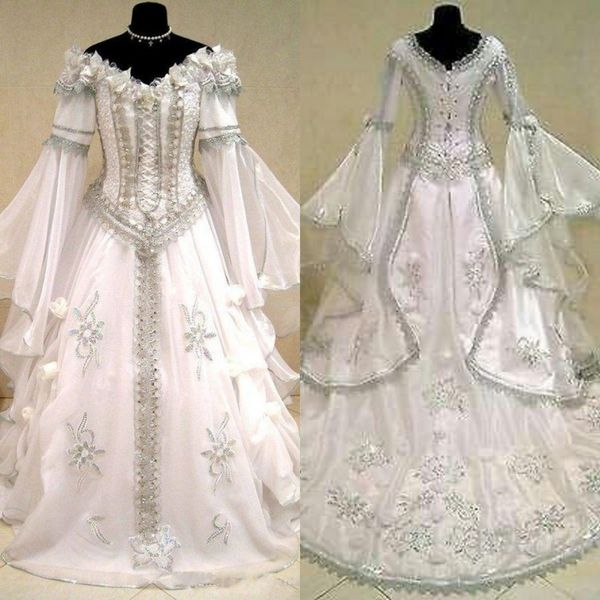 medieval wedding dress vintage off the shoulder neck long bell sleeves celtic renaissance costume victorian bridal gothic wedding gowns, White
medieval wedding dress vintage off the shoulder neck long bell sleeves celtic renaissance costume victorian bridal gothic wedding gowns, White