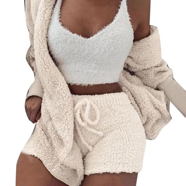 two piece dress women home short pant long sleeve sleeping soft polyester vest casual pajamas three-piece set cardigan blouse winter pl, White