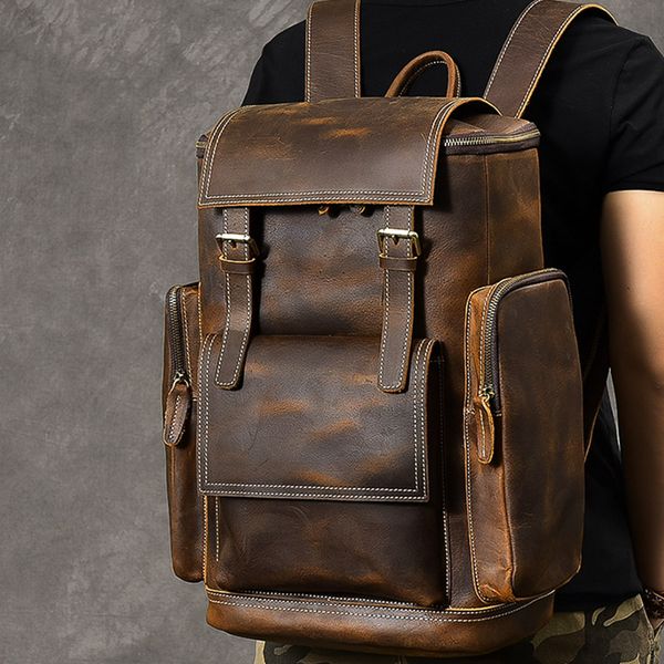 

big capacity men backpack crazy horse genuine leather 15.6 inch lapmultifunction travel backpack school daypack mochila