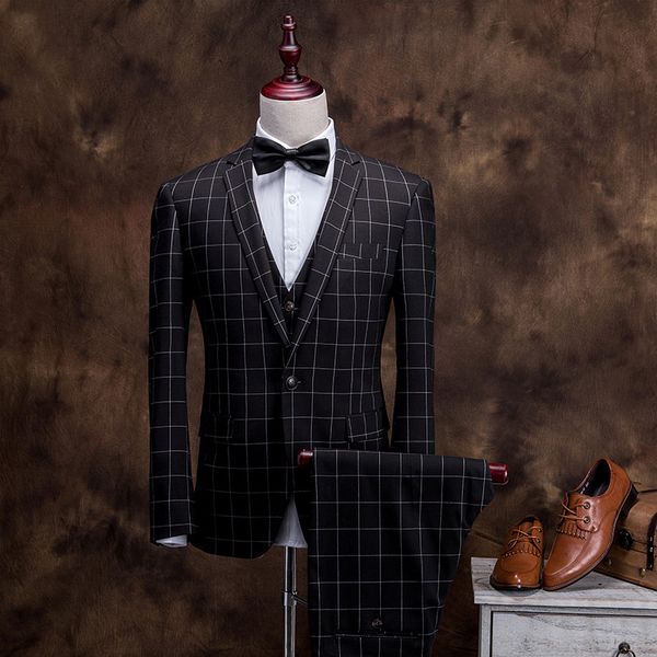 men's slim plaid british style suit set gentleman banquet dress suit three-piece set traje hombre 2019, White;black
men's slim plaid british style suit set gentleman banquet dress suit three-piece set traje hombre 2019, White;black