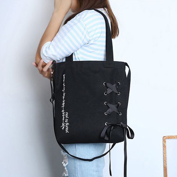fashion ladies large capacity tote bags ribbons lace up canvas shoulder bags letter print reusable shopping bag travel handbag 
fashion ladies large capacity tote bags ribbons lace up canvas shoulder bags letter print reusable shopping bag travel handbag