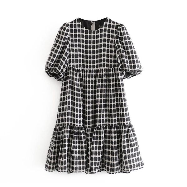 2020 summer women's new elegant black and white check loose round neck puff sleeve stitching ruffle loose mini dress, White;black
2020 summer women's new elegant black and white check loose round neck puff sleeve stitching ruffle loose mini dress, White;black
