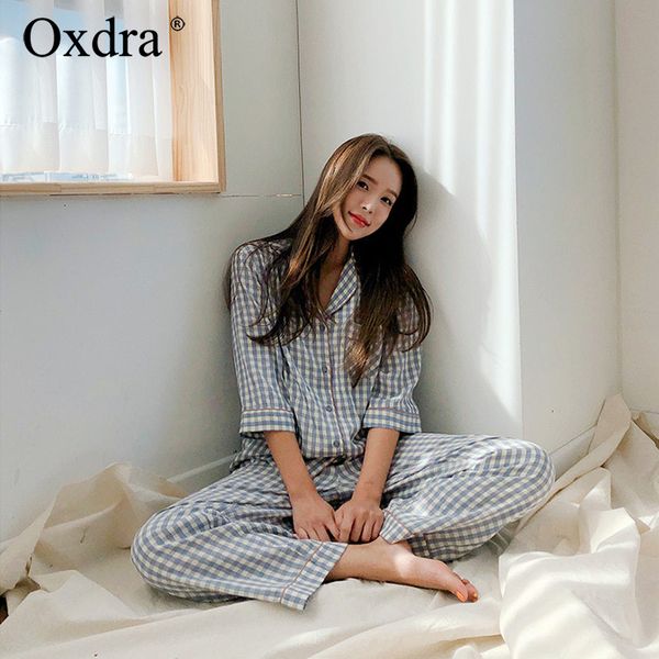 oxdra spring casual home clothing cotton plaid pajamas sets loose long pants button loungewear 2019 homewear, Blue;gray
oxdra spring casual home clothing cotton plaid pajamas sets loose long pants button loungewear 2019 homewear, Blue;gray